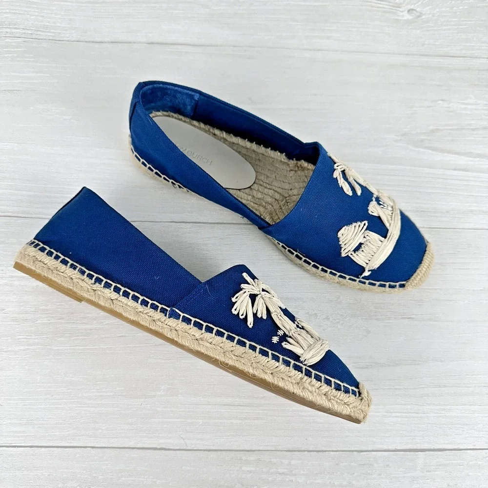 Tory Burch Flat Espadrille Size 8 Raffia‎ Embroidered Straw Blue Tropical Cruise